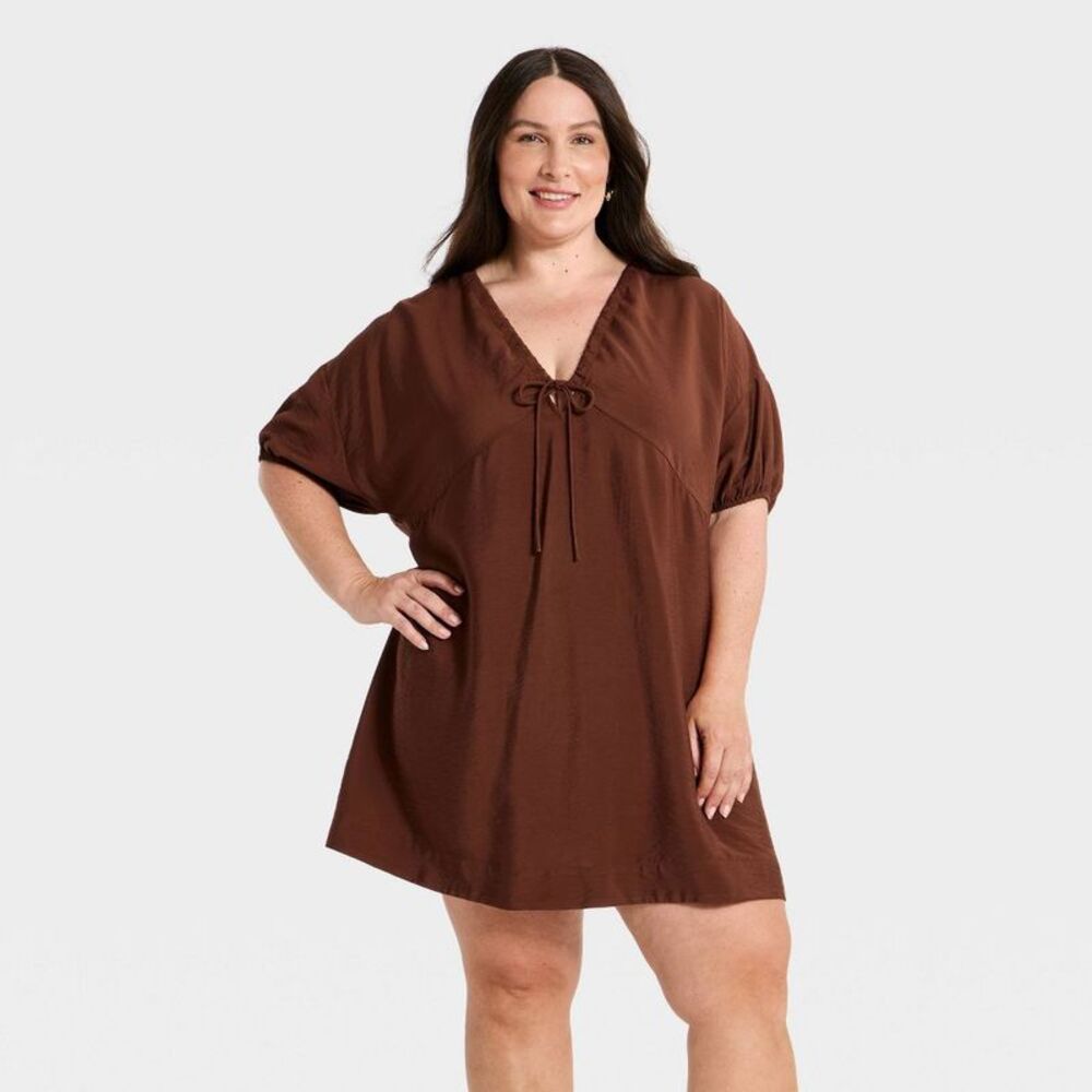 Women's Tie-Front Mini Dress - A New Day Brown 2X